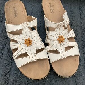 Clarks White Leather Sandals with Floral Design